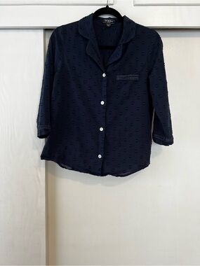 Saks Fifth Avenue Black Label Navy Swiss Dot Cotton Blouse | 3/4 Sleeve